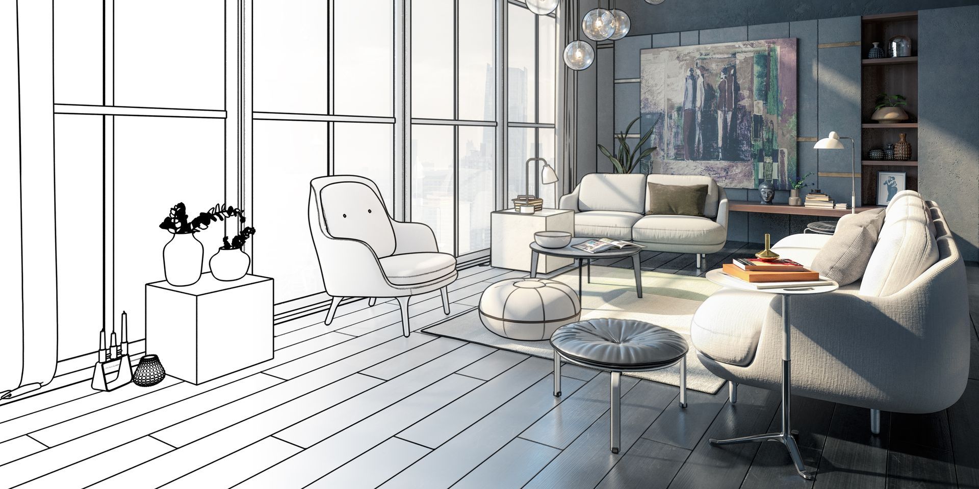 Wohnzimmer mit grossen Fenstern, modernen Möbeln und Stadtansichten als Kunstwerk.