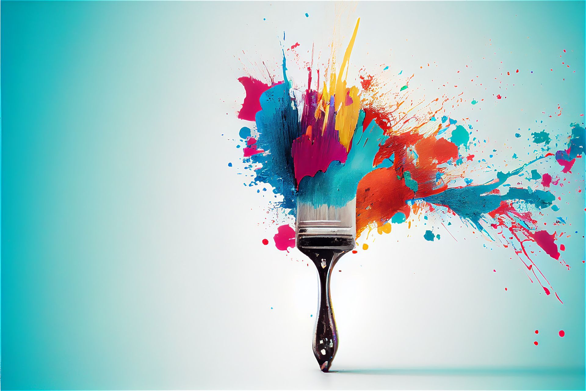 Ein Pinsel explodiert mit blauer, rosa, gelber und orangefarbener Farbe auf hellblauem Hintergrund.