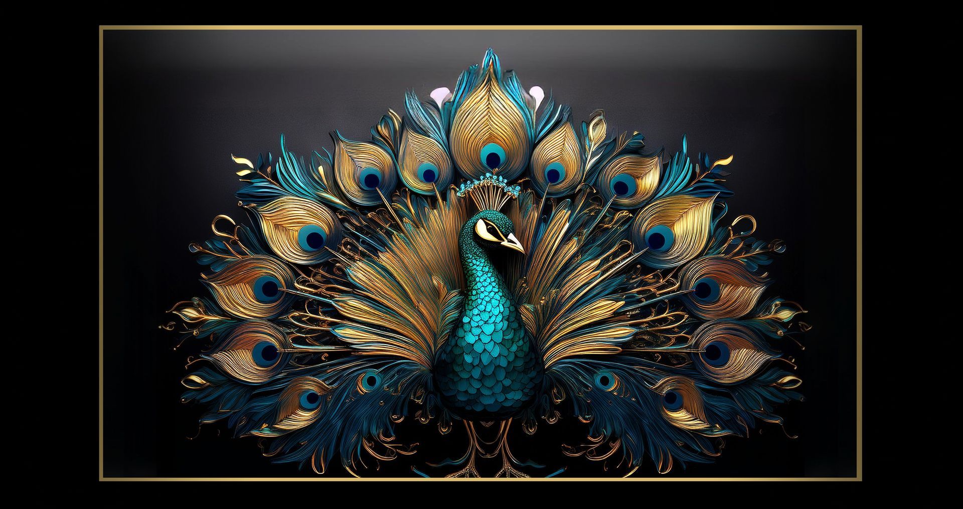 Pfau mit schillernd blauen und goldenen Federn vor dunklem Hintergrund.