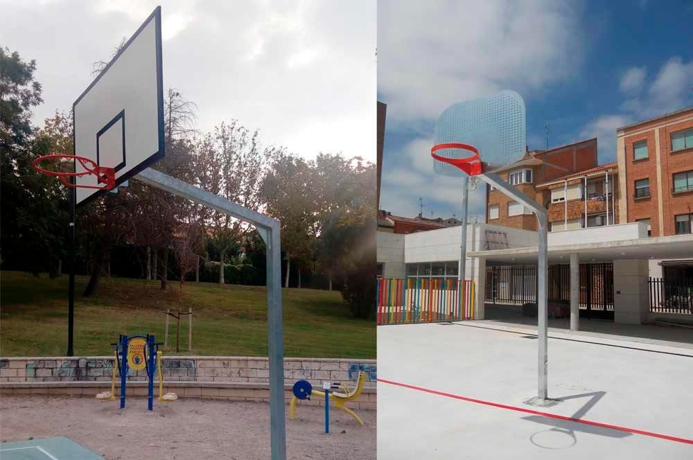 Un aro de baloncesto en un parque y un aro de baloncesto frente a un edificio.