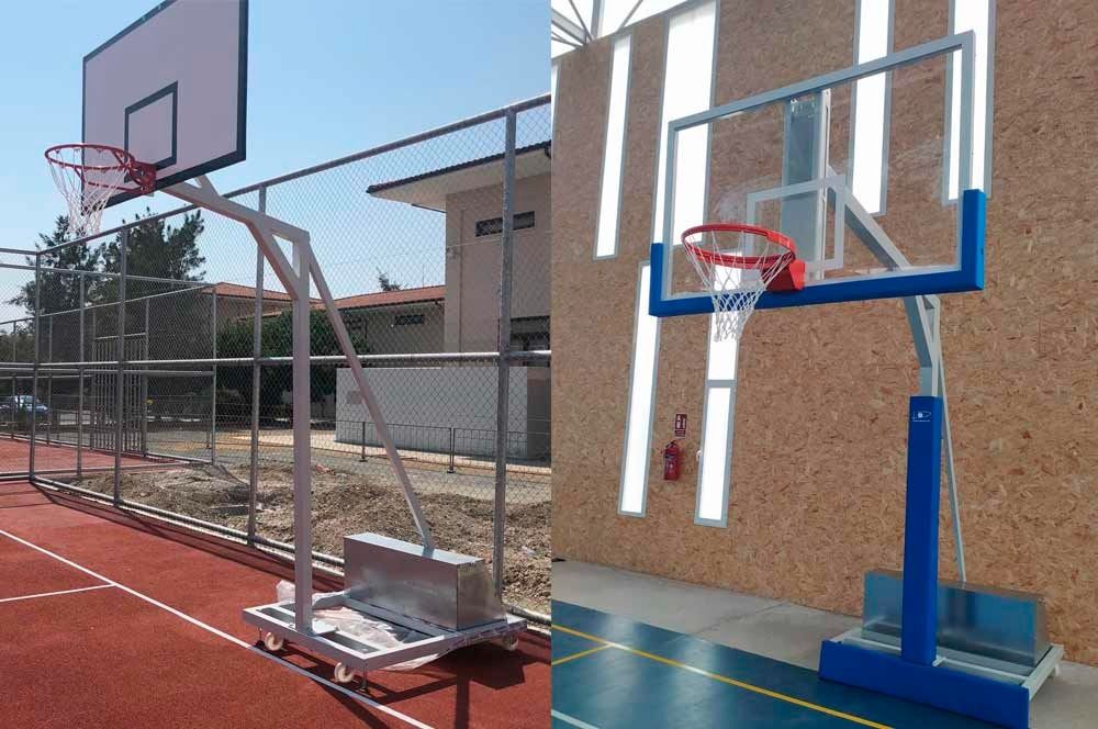 Dos imágenes de un aro de baloncesto en una cancha