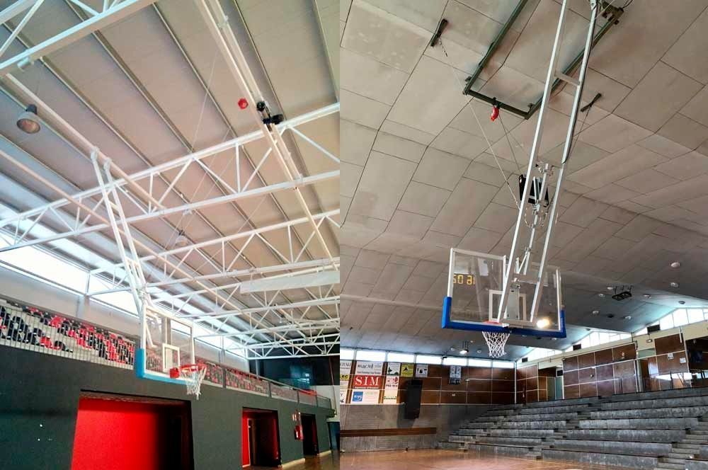 Un aro de baloncesto cuelga del techo de un gimnasio.