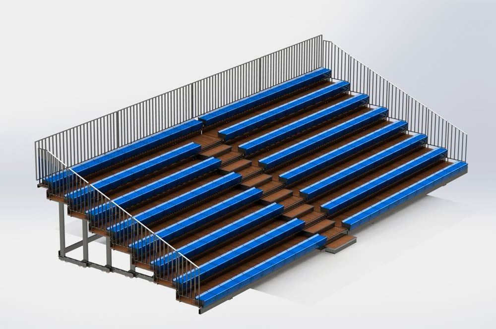 Un modelo 3D de una grada con asientos azules y una barandilla de metal.