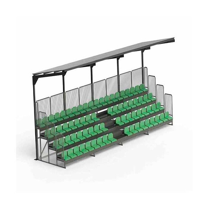 Un modelo 3D de una grada de estadio con asientos verdes y un dosel.