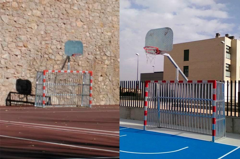 Una imagen de un aro de baloncesto y una imagen de una portería.