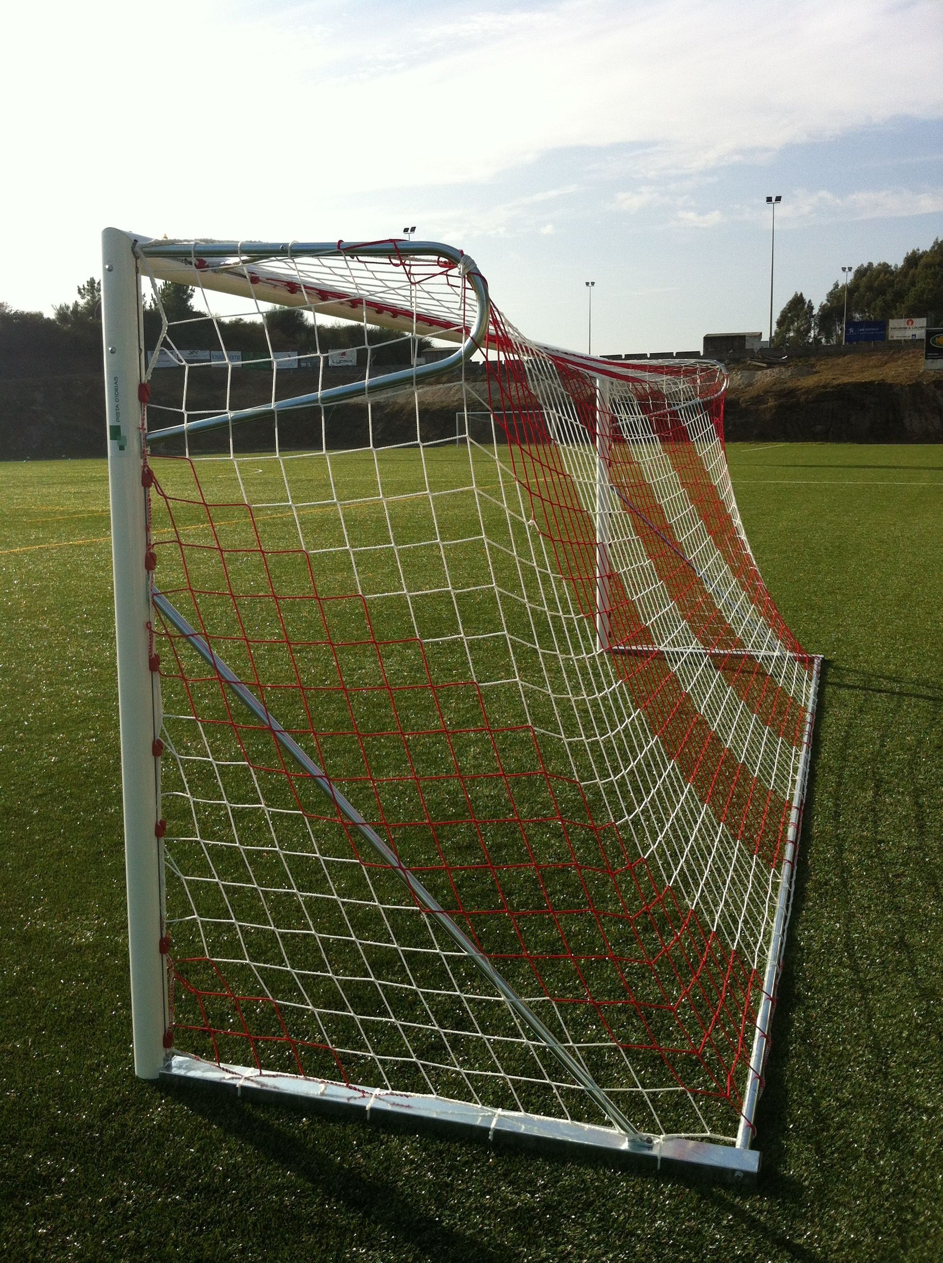 Una portería de fútbol se encuentra encima de un exuberante campo verde.