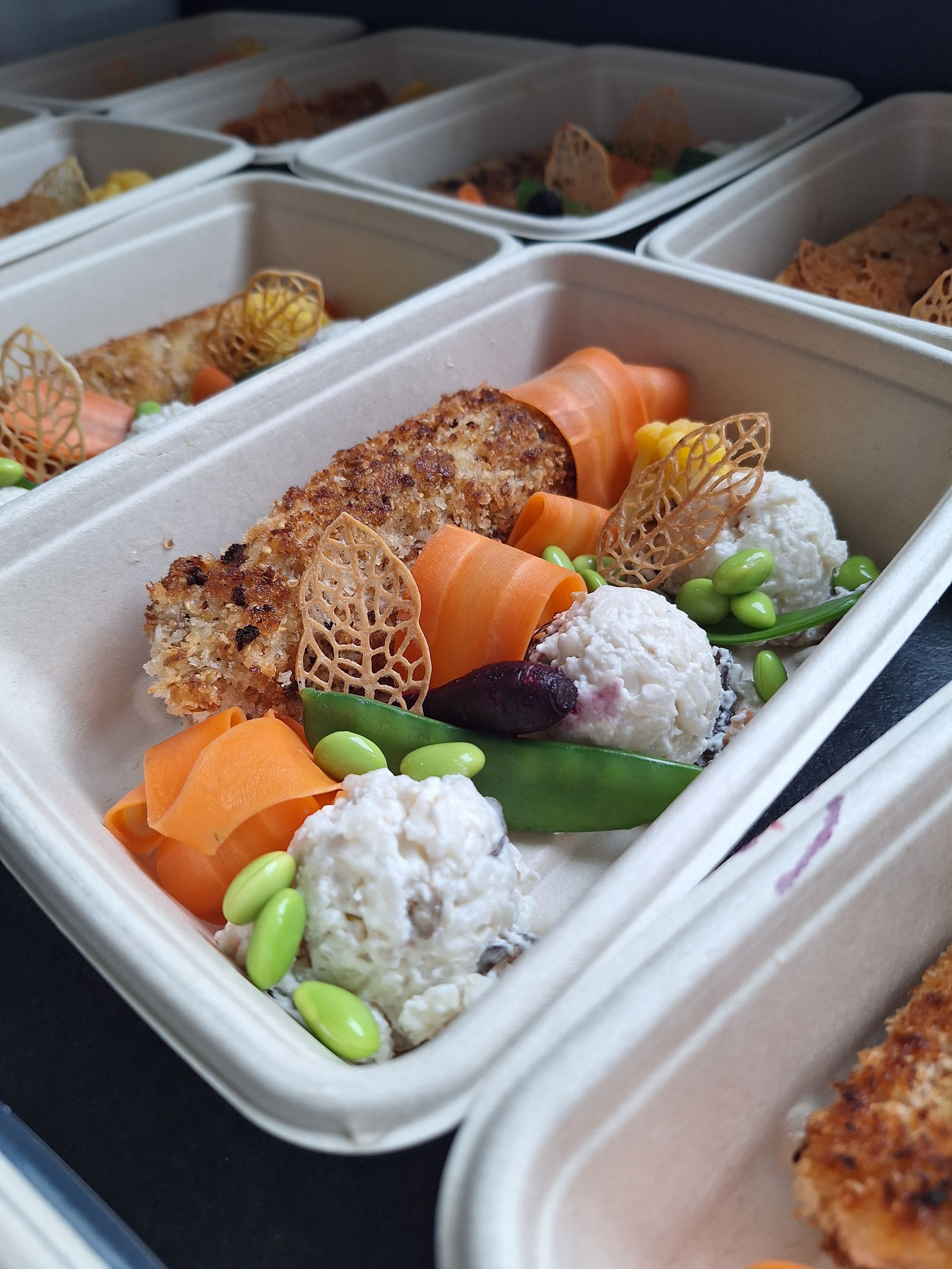 Des boîtes de repas avec du riz, des légumes et du poisson pané, alignées les unes à côté des autres