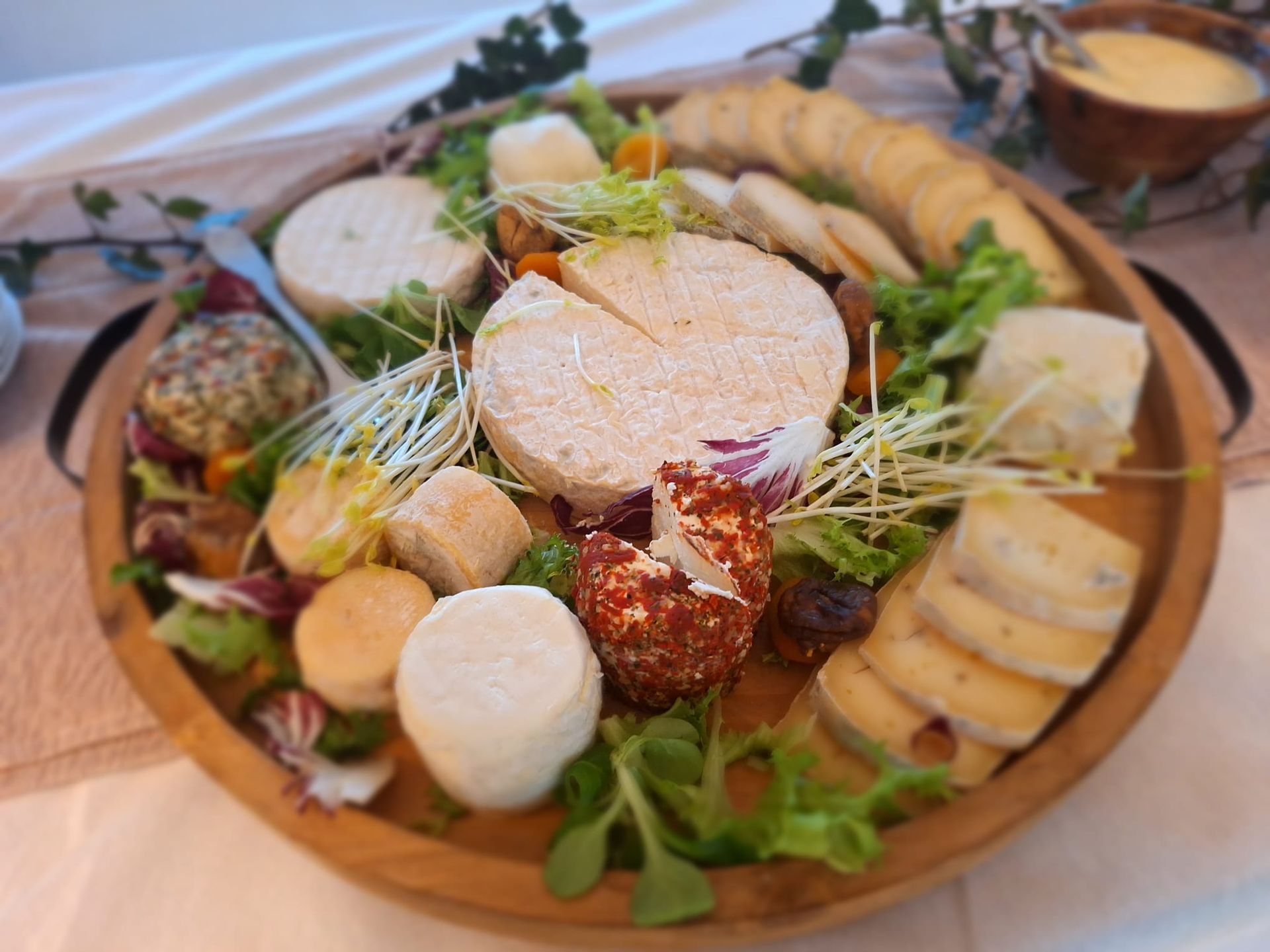 Plateau de fromages et de charcuterie sur une planche en bois, accompagné de crackers, de raisins, de fruits à coque et d’herbes aromatiques