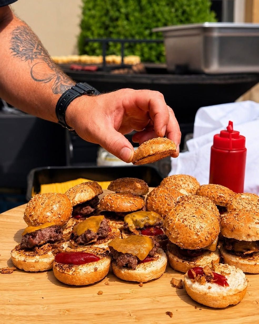 Une main dépose un pain au sésame sur un plateau de miniburgers, avec des bouteilles de ketchup à proximité