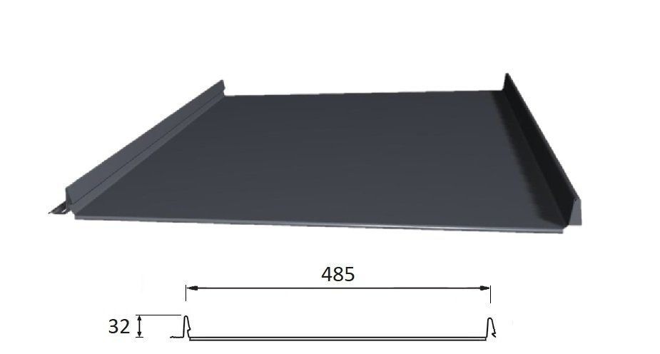 Musta metallinen tarjotin kohoreunoilla, kuvan mitat 485 mm x 32 mm.