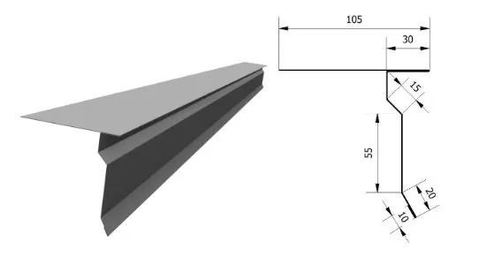 Musta metallinen kattolistaprofiili mittakaavioineen, sivulta ja 3D-näkymänä.