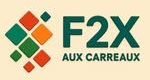 Logo F2X Aux Carreaux avec des carreaux en forme de losange orange et vert et un texte vert fonc&eacute;