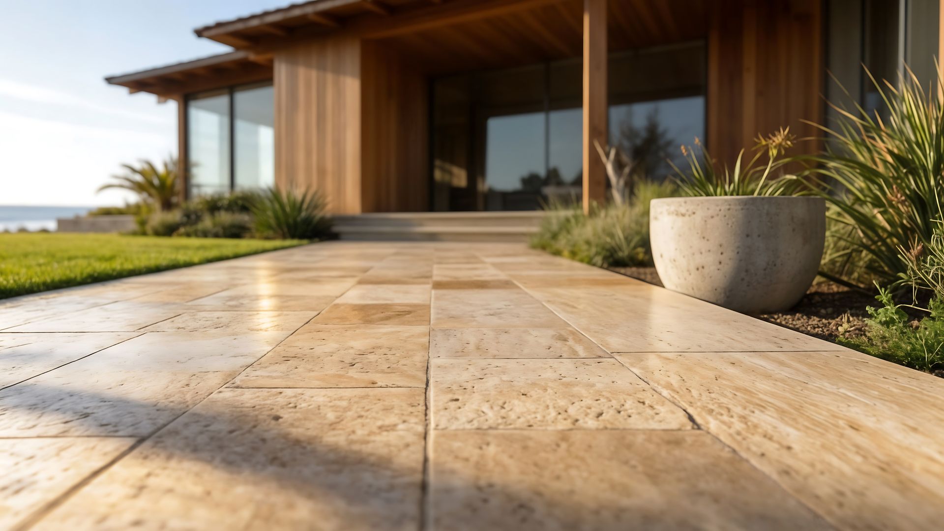 Patio d'une maison moderne avec allée en pierre, façade en bois et plantes en pot au coucher du soleil