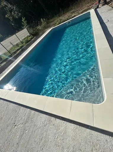 Piscine extérieure rectangulaire avec eau bleu clair et margelles beiges dans un jardin ensoleillé.