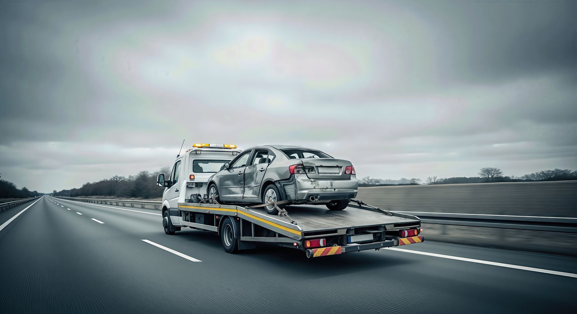 Une dépanneuse transporte une voiture endommagée sur une autoroute sous un ciel couvert.