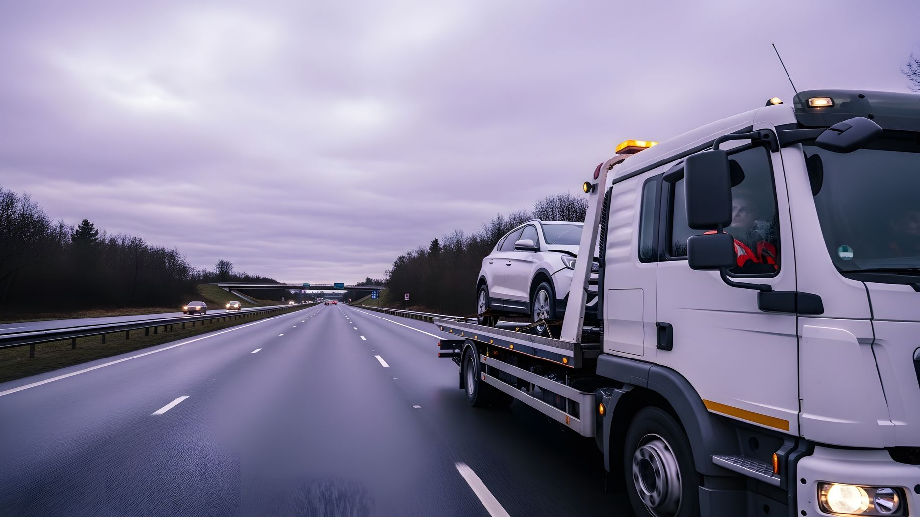 Un porte-voitures transportant des véhicules neufs sur une autoroute sous un ciel nuageux.