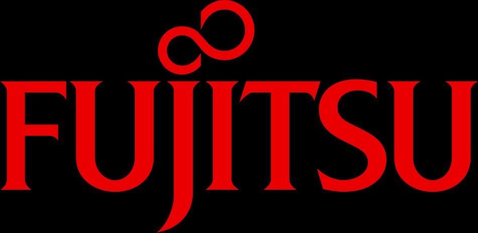 Un logotipo de Fujitsu rojo sobre un fondo negro