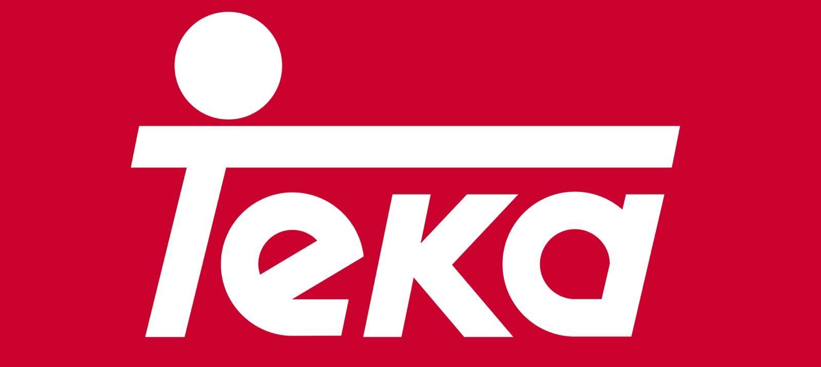 Un logotipo de Teka blanco sobre un fondo rojo