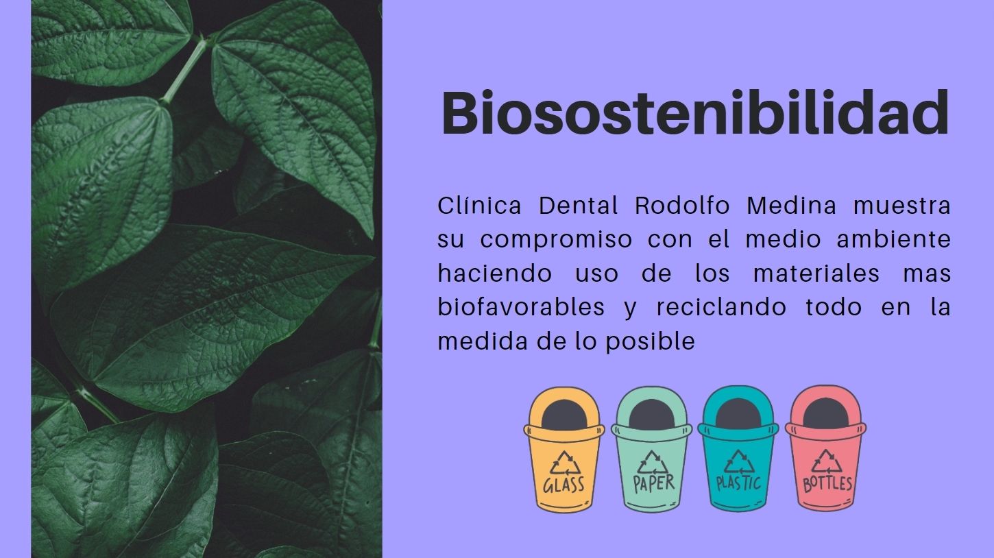 Un fondo morado con hojas verdes y las palabras biosostenibilidad