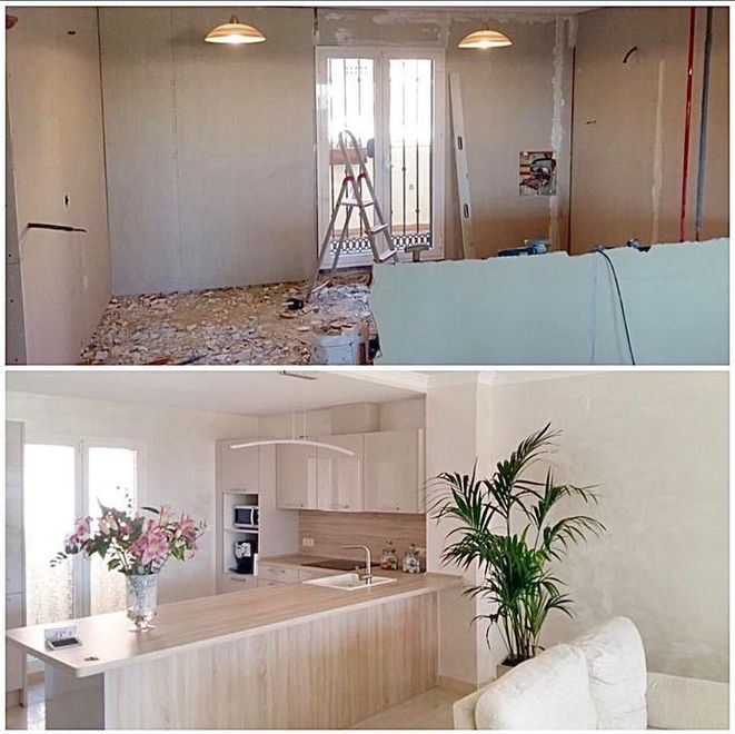 Una foto de antes y después de una habitación y una cocina.