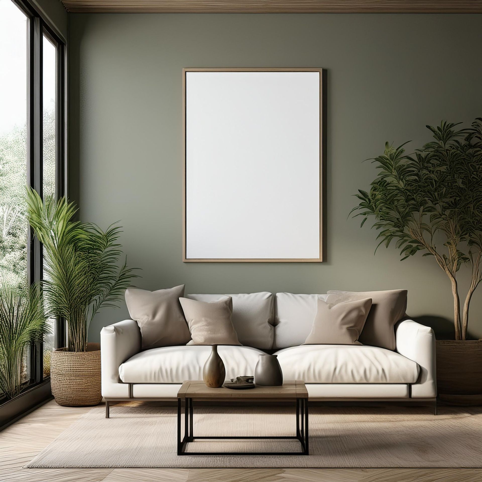 Salon avec canapé beige, tableaux blancs encadrés et plantes. Mur vert et parquet.