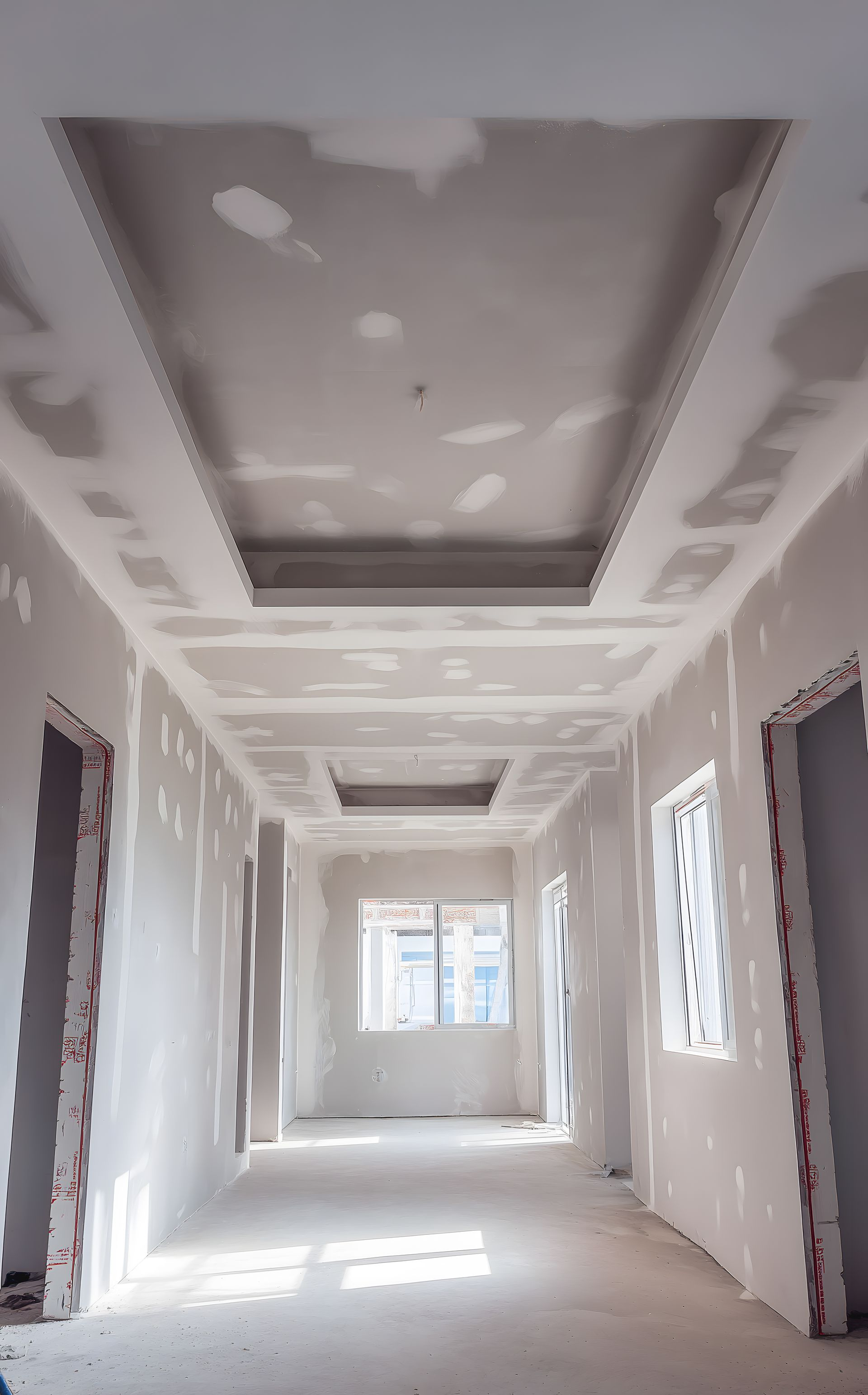 Intérieur d'un couloir en construction, avec des cloisons sèches non finies aux murs et au plafond, et des cadres d'éclairage encastrés.