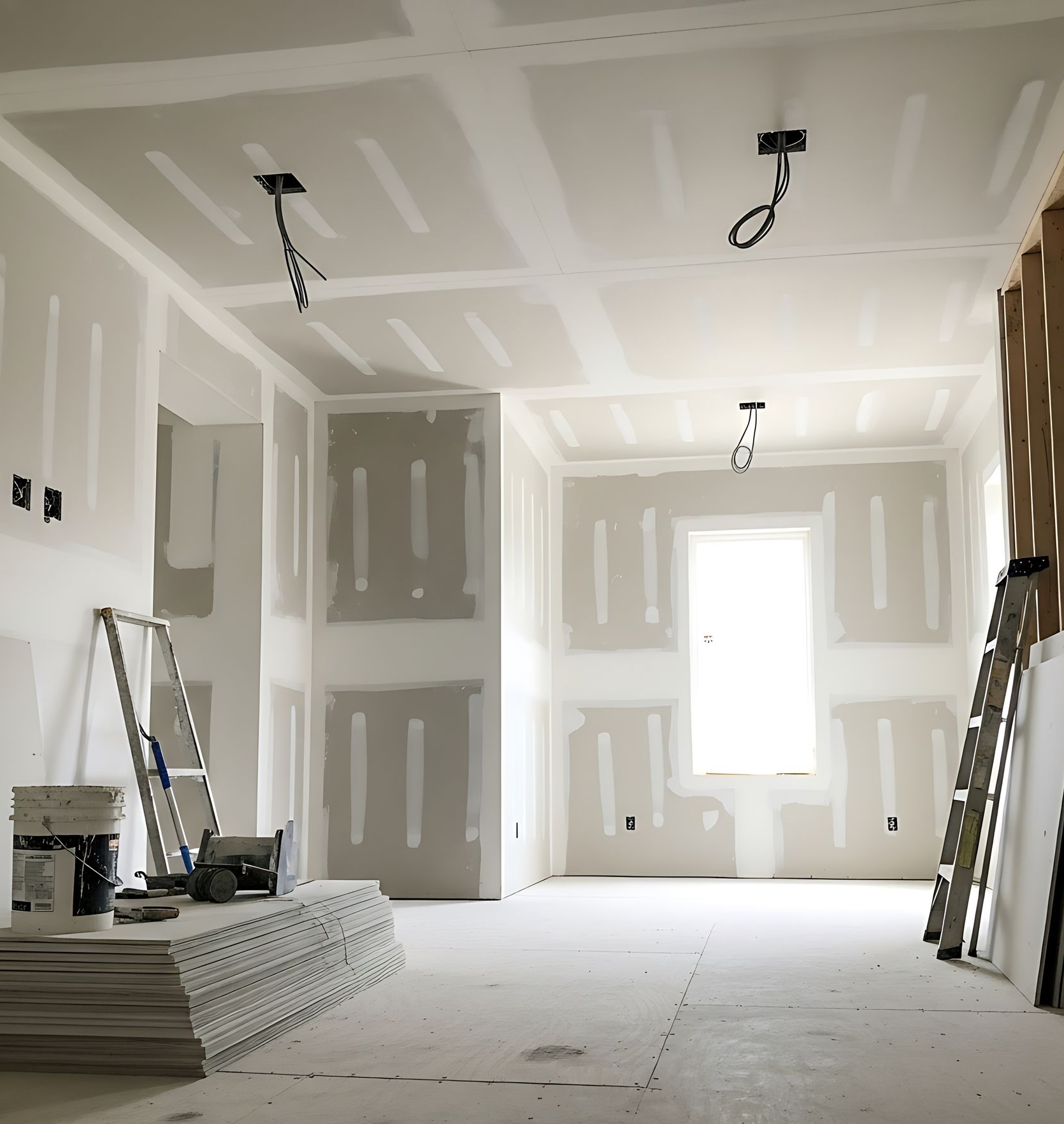 Intérieur d'une pièce en construction, plaques de plâtre installées sur les murs et le plafond, fils électriques apparents.