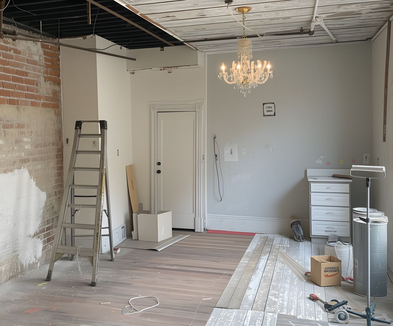 Intérieur en rénovation, mur de briques apparentes, lustre et échelle.