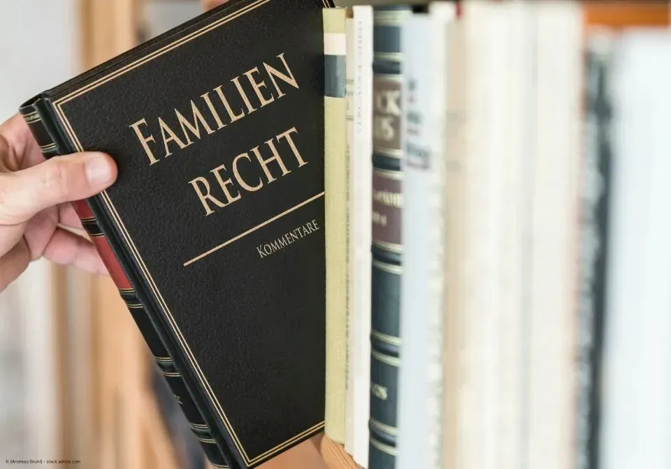 Hand hält ein schwarzes deutsches Familienrechtsbuch mit der Aufschrift „Familienrecht“ auf einem Bücherregal.