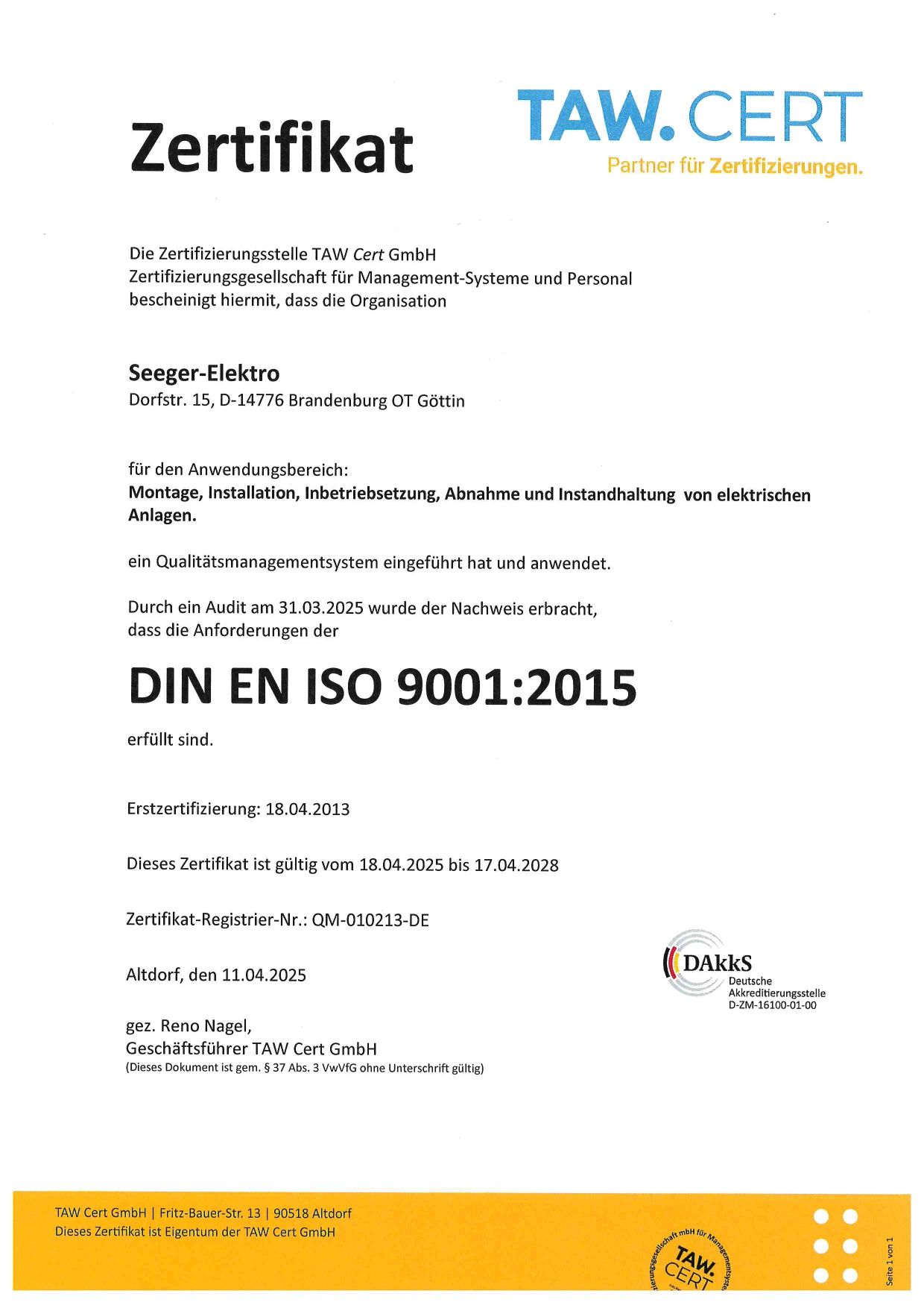 Es handelt sich um ein Zertifikat mit der Aufschrift Zertifikat DIN EN ISO 9001:2015.
