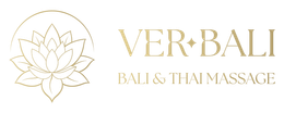 Logotipo dorado de VER•BALI con un icono de loto y el texto “BALI & THAI MASSAGE” sobre un fondo blanco.