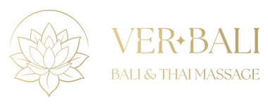 Logotipo dorado de VER•BALI con un icono de loto y el texto “BALI & THAI MASSAGE” sobre un fondo blanco.