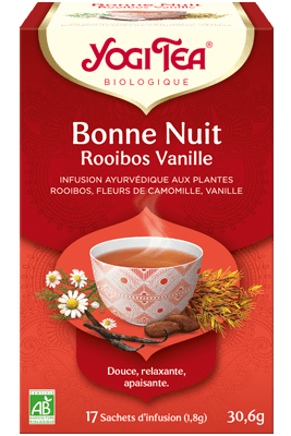 Boîte de thé Yogi Tea Bonne Nuit Rooibos Vanille, emballage rouge avec tasse à motifs floraux et fleurs de camomille.