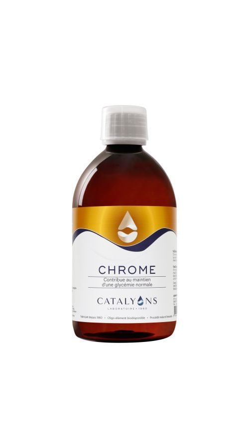 Flacon de complément alimentaire ambré avec bouchon blanc et étiquette Chrome Catalyons sur fond blanc