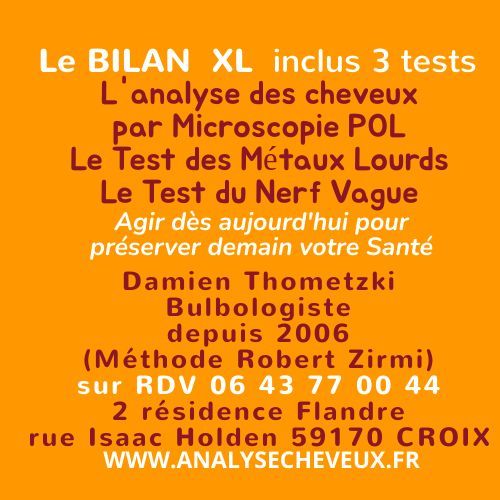 Publicité française proposant des analyses capillaires et des tests du cuir chevelu, avec coordonnées et site web.