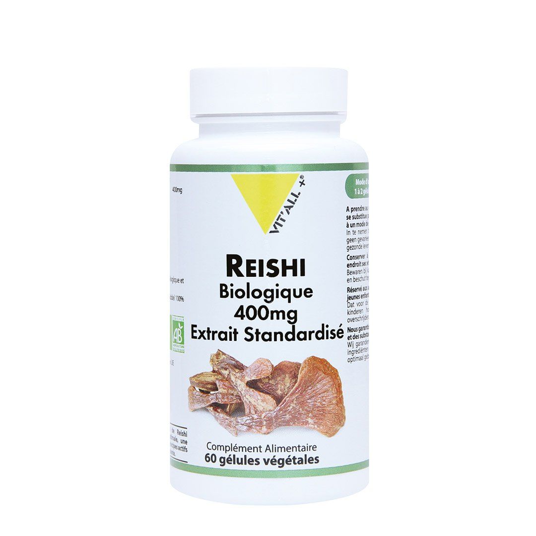 Flacon de complément alimentaire Reishi biologique 400 mg avec étiquette blanche et détails verts