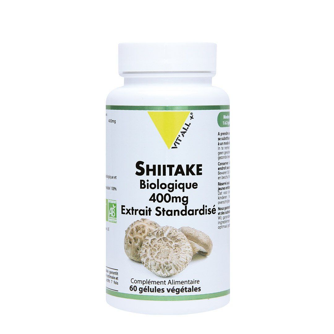Flacon de complément alimentaire Shiitake biologique 400 mg avec bouchon blanc et détails verts