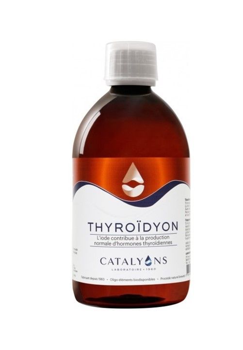 Flacon brun de Thyroïdion de Catalyons avec bouchon blanc sur fond blanc