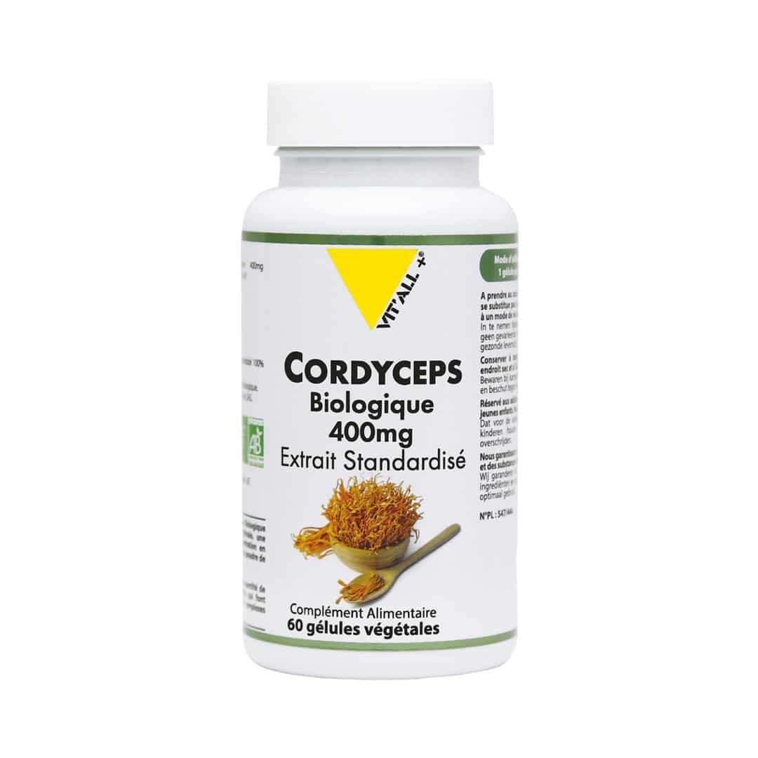 Flacon blanc de complément alimentaire à base de Cordyceps, étiqueté « 400 mg » et orné d'un dessin de champignon jaune.