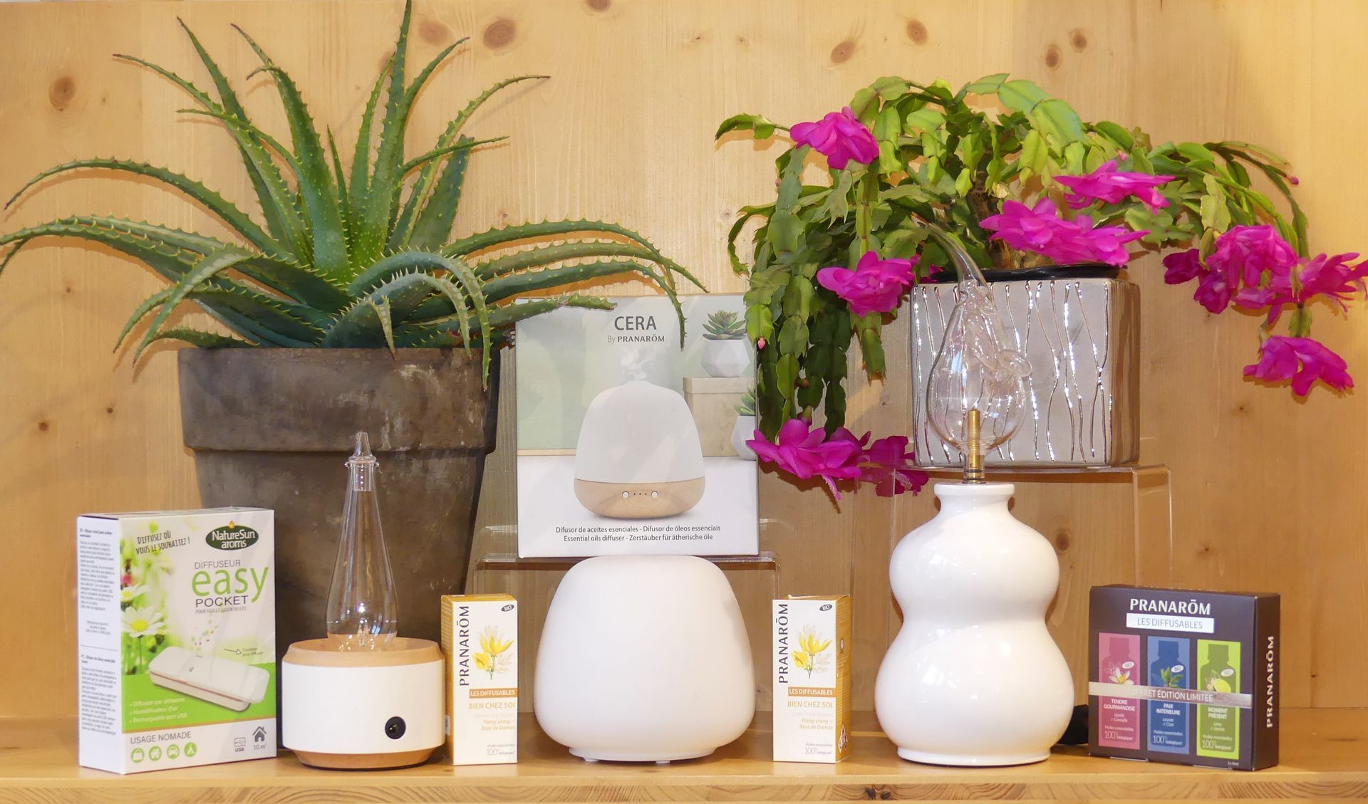 Diffuseurs d’huiles essentielles blancs disposés parmi des plantes vertes et fleuries