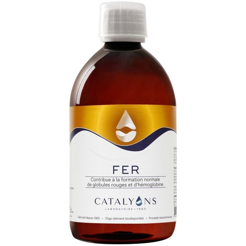 Flacon de médicament brun avec bouchon blanc et étiquette dorée portant l'inscription « FER » par CATALYNS