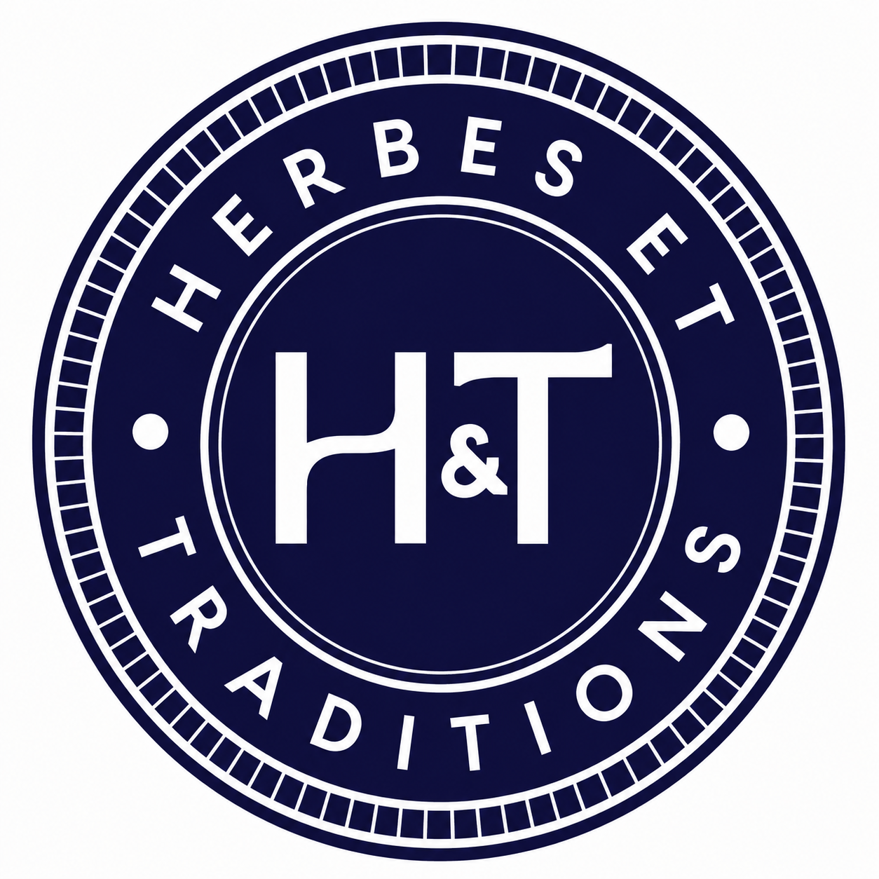 Logo circulaire bleu foncé avec « H&T » en blanc et le texte « Herbes et Traditions » qui l’entoure.