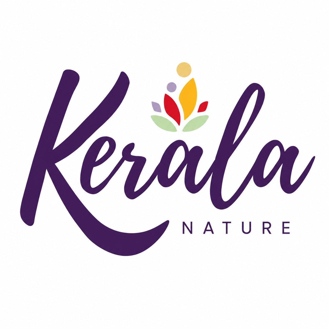 Logo Kerala Nature en caractères violets avec un emblème de feuille multicolore sur fond blanc