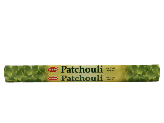 Encens Patchouli Vert en paquet de bâtonnets avec motif de feuilles et texte doré