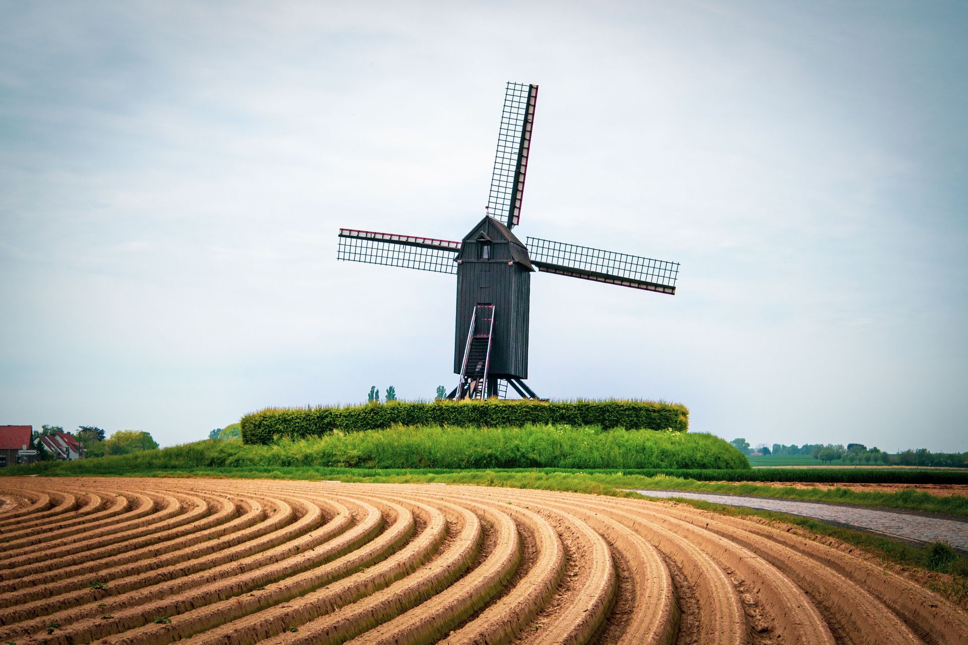 Moulin à vent traditionnel sur une colline verdoyante, à côté de champs labourés incurvés, sous un ciel nuageux
