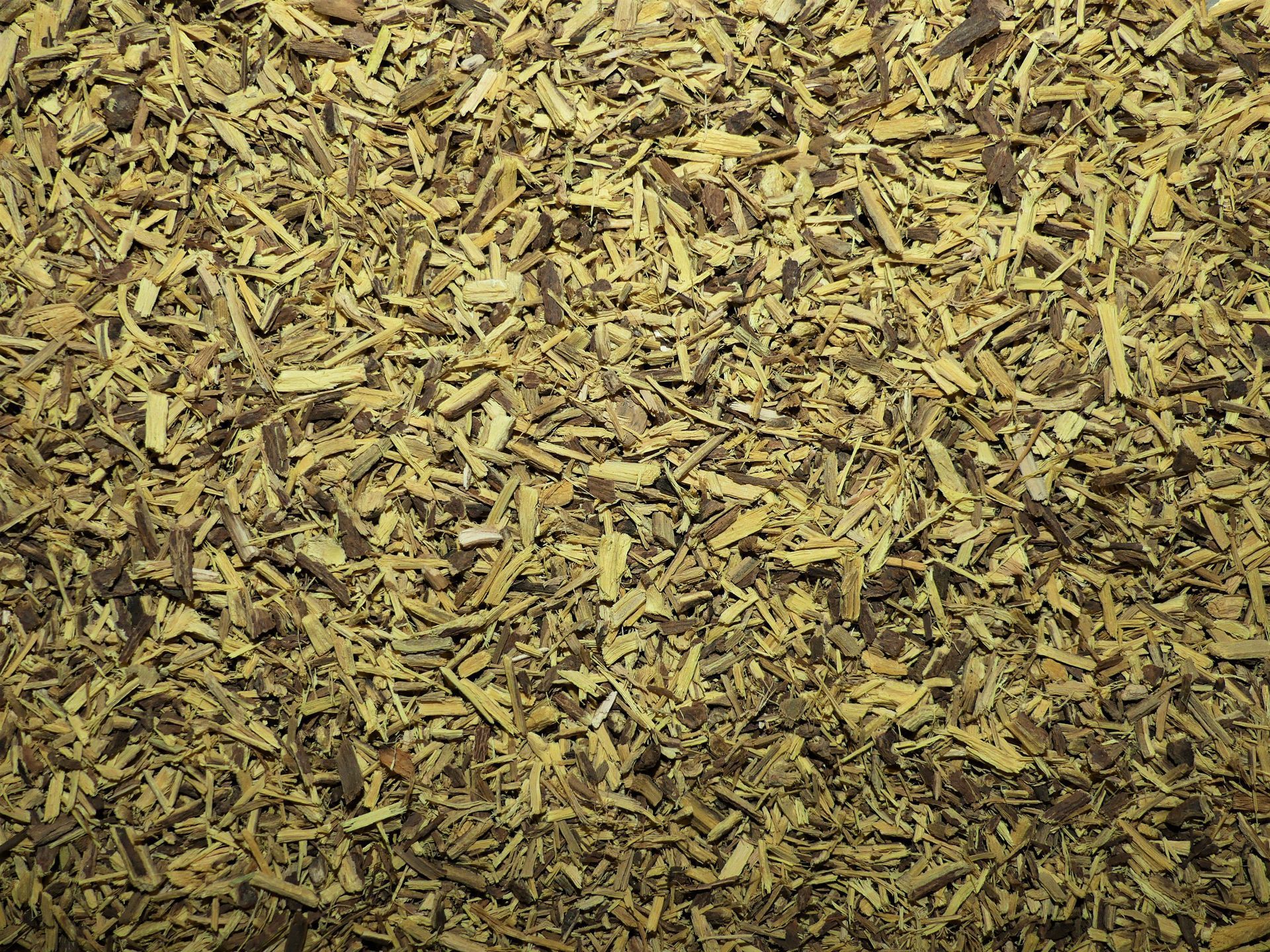 Gros plan sur des feuilles d'herbes séchées, de couleur brun verdâtre, dispersées sur une surface