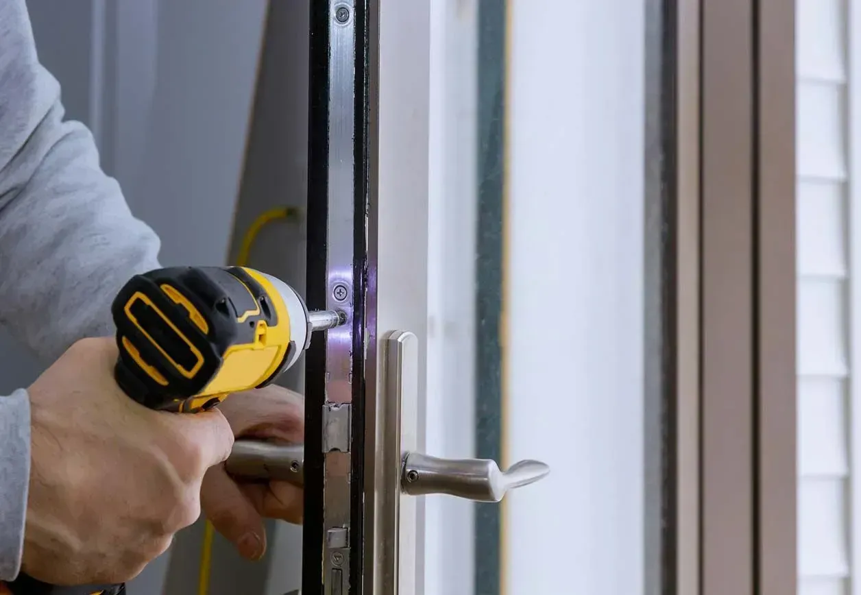 Mano usando un taladro amarillo para instalar una cerradura en el marco de una puerta blanca.