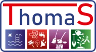 Logotipo de ThomaS con texto rojo y azul sobre cuatro iconos cuadrados de colores.