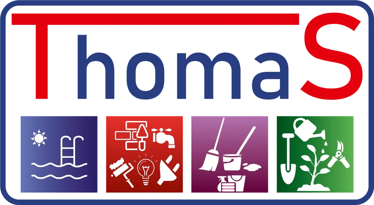 Logotipo de ThomaS con texto rojo y azul sobre cuatro iconos cuadrados de colores.