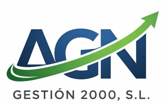 Logotipo de AGN Gesti&oacute;n 2000, SL con letras azules y una flecha verde hacia arriba.